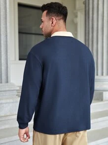 Manfinity Men Plus Letter Patched Contrast Collar Polo Shirt - Navy Blue - View 2