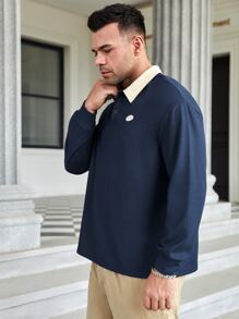 Manfinity Men Plus Letter Patched Contrast Collar Polo Shirt - Navy Blue - View 4