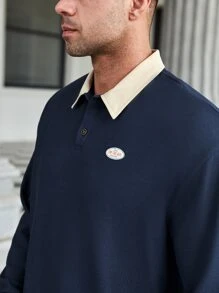 Manfinity Men Plus Letter Patched Contrast Collar Polo Shirt - Navy Blue - View 5