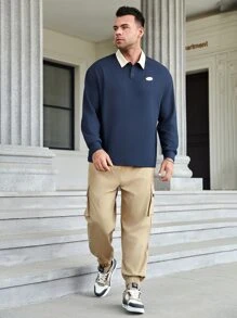 Manfinity Men Plus Letter Patched Contrast Collar Polo Shirt - Navy Blue - View 6