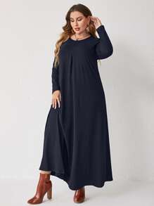 Mulvari Plus 1 PC Solid Plicated Detail Dress Without Belt - Navy Blue - View 1