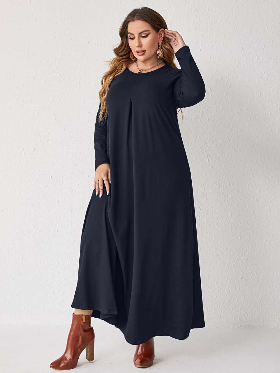 Mulvari Plus 1 PC Solid Plicated Detail Dress Without Belt - Navy Blue - View 1