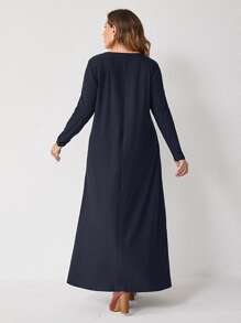 Mulvari Plus 1 PC Solid Plicated Detail Dress Without Belt - Navy Blue - View 2