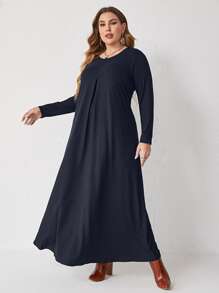 Mulvari Plus 1 PC Solid Plicated Detail Dress Without Belt - Navy Blue - View 3