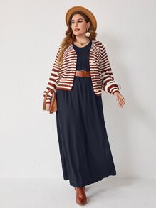 Mulvari Plus 1 PC Solid Plicated Detail Dress Without Belt - Navy Blue - View 5