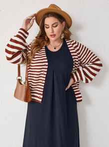 Mulvari Plus 1 PC Solid Plicated Detail Dress Without Belt - Navy Blue - View 6