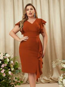 MIUSOL Vestido ajustado cóctel fruncido de espalda con cremallera ribete fruncido de manga mariposa - Naranja Quemada - Ver 3