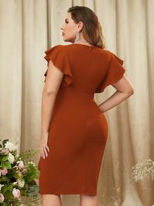 MIUSOL Vestido ajustado cóctel fruncido de espalda con cremallera ribete fruncido de manga mariposa - Naranja Quemada - Ver 2