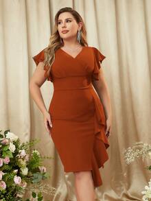 MIUSOL Vestido ajustado cóctel fruncido de espalda con cremallera ribete fruncido de manga mariposa - Naranja Quemada - Ver 5