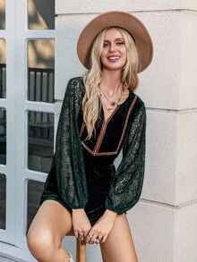 Rusttydustty Contrast Lace Sleeve Velvet Romper - Dark Green - View 6