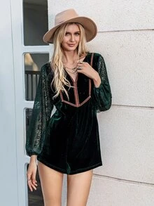 Rusttydustty Contrast Lace Sleeve Velvet Romper - Dark Green - View 5