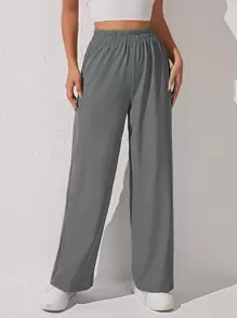 SHEIN PETITE Solid Wide Leg Trousers - Grey - View 1