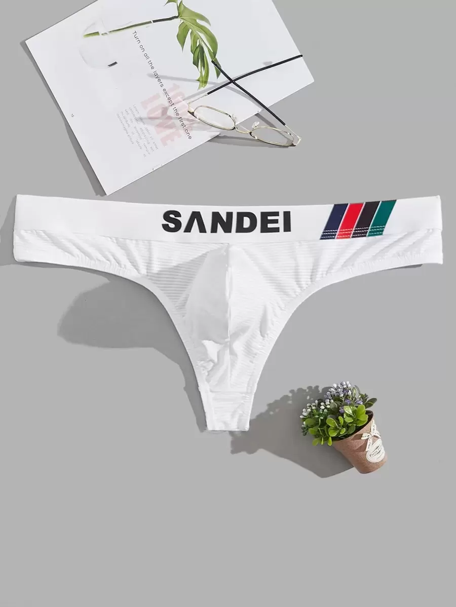 男士撞色字母胶带丁字裤性感内裤 - 白色 - 查看 1