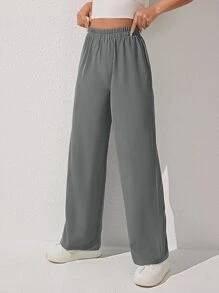 SHEIN PETITE Solid Wide Leg Trousers - Grey - View 3