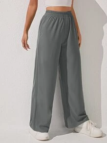 SHEIN PETITE Solid Wide Leg Trousers - Grey - View 4