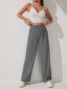 SHEIN PETITE Solid Wide Leg Trousers - Grey - View 5