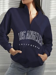 SHEIN EZwear 字母圖案半拉鏈落肩袖運動衫 - 藏蓝色 - 查看 3