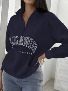 SHEIN EZwear 字母圖案半拉鏈落肩袖運動衫 - 藏蓝色 - 查看 4