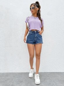 SHEIN EZwear 蝙蝠袖紋理質感T恤 - 紫丁香色 - 查看 4