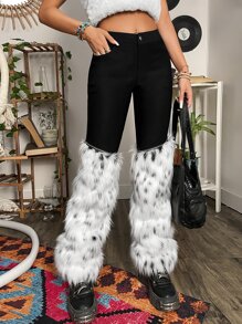 ROMWE PUNK Grunge High Waist Detachable Fuzzy Flare Leg Trousers - Black and White - View 1