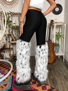 ROMWE PUNK Grunge High Waist Detachable Fuzzy Flare Leg Trousers - Black and White - View 2