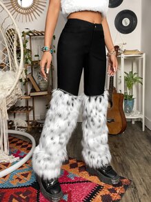 ROMWE PUNK Grunge High Waist Detachable Fuzzy Flare Leg Trousers - Black and White - View 3