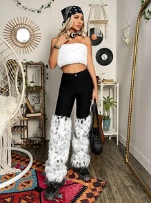 ROMWE PUNK Grunge High Waist Detachable Fuzzy Flare Leg Trousers - Black and White - View 5