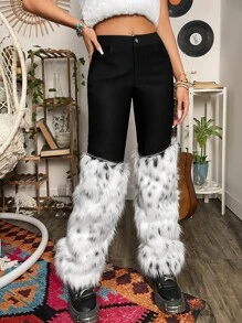 ROMWE PUNK Grunge High Waist Detachable Fuzzy Flare Leg Trousers - Black and White - View 6