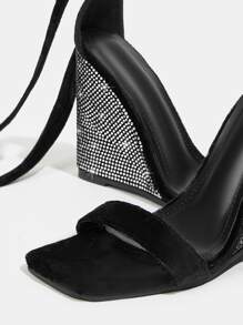 絲絨水鑽裝飾條帶坡跟涼鞋 - 黑色 - 查看 3