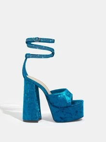 CUCCOO SZL Velvet Rhinestone Decor Platform Chunky Heeled Ankle Strap Sandals - Blue - View 5