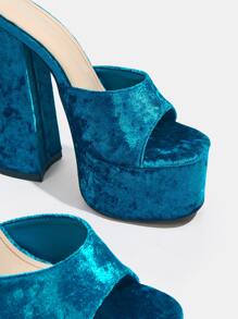 CUCCOO SZL Velvet Rhinestone Decor Platform Chunky Heeled Ankle Strap Sandals - Blue - View 3