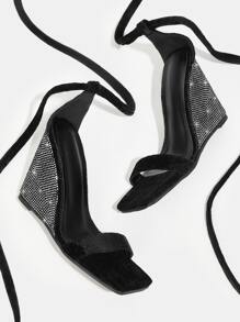 絲絨水鑽裝飾條帶坡跟涼鞋 - 黑色 - 查看 5