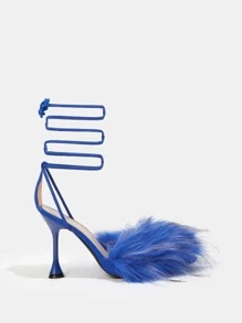 Fuzzy Decor Tie Leg Design Pyramid Heeled Strappy Pumps - Blue - View 4