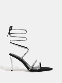 Rhinestone Decor Tie Leg Design Stiletto Heeled Strappy Sandals - Black - View 4