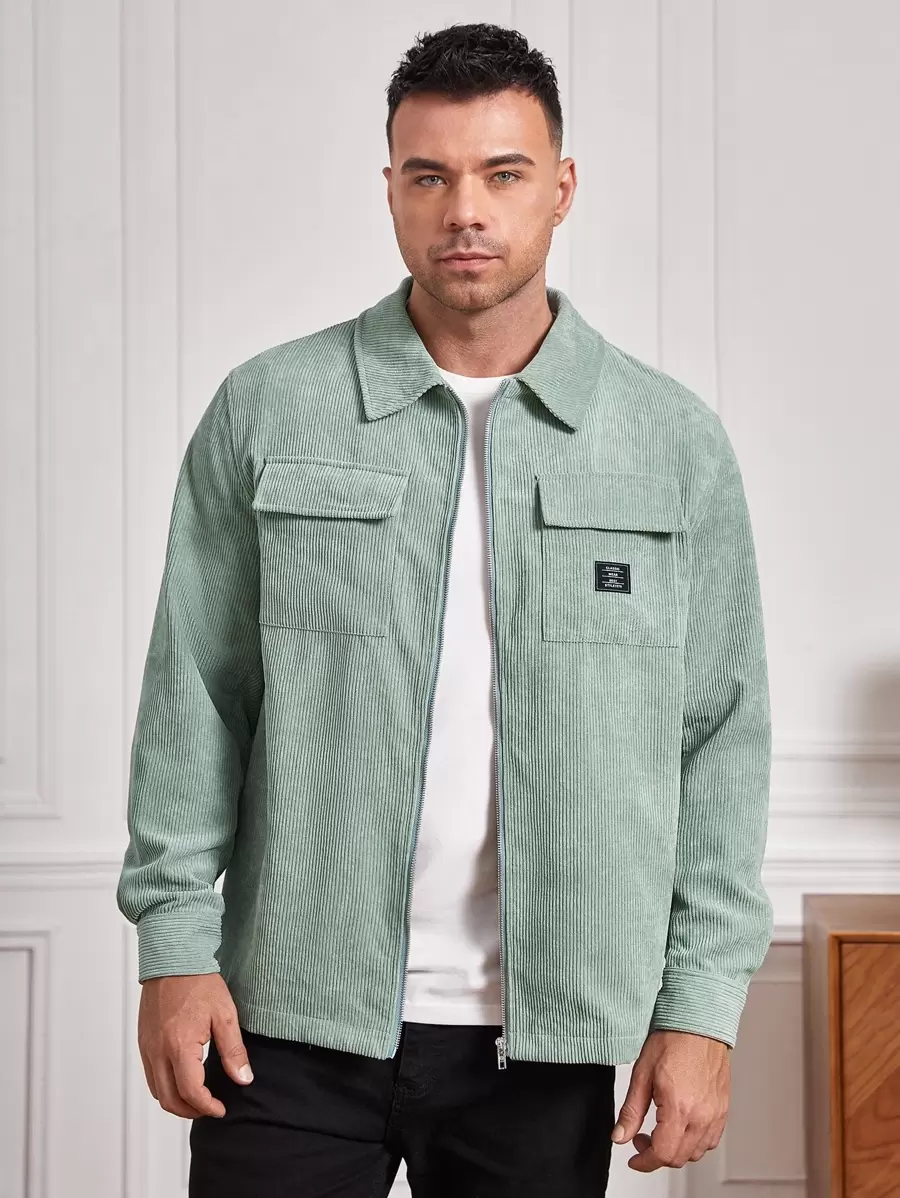 GENTILAND 宽松版型男式长袖灯芯绒大衣，带翻盖口袋 - 薄荷綠 - 查看 1