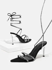 Rhinestone Decor Tie Leg Design Stiletto Heeled Strappy Sandals - Black - View 5