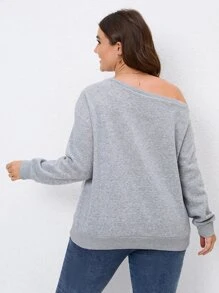 SHEIN Clasi Plus Letter Graphic Asymmetrical Neck Drop Shoulder Sweatshirt - Light Grey - View 2