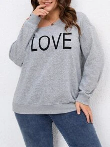 SHEIN Clasi Plus Letter Graphic Asymmetrical Neck Drop Shoulder Sweatshirt - Light Grey - View 3