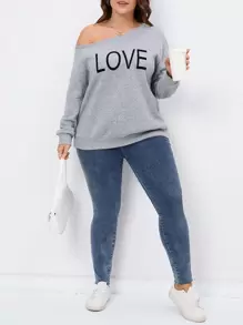 SHEIN Clasi Plus Letter Graphic Asymmetrical Neck Drop Shoulder Sweatshirt - Light Grey - View 1