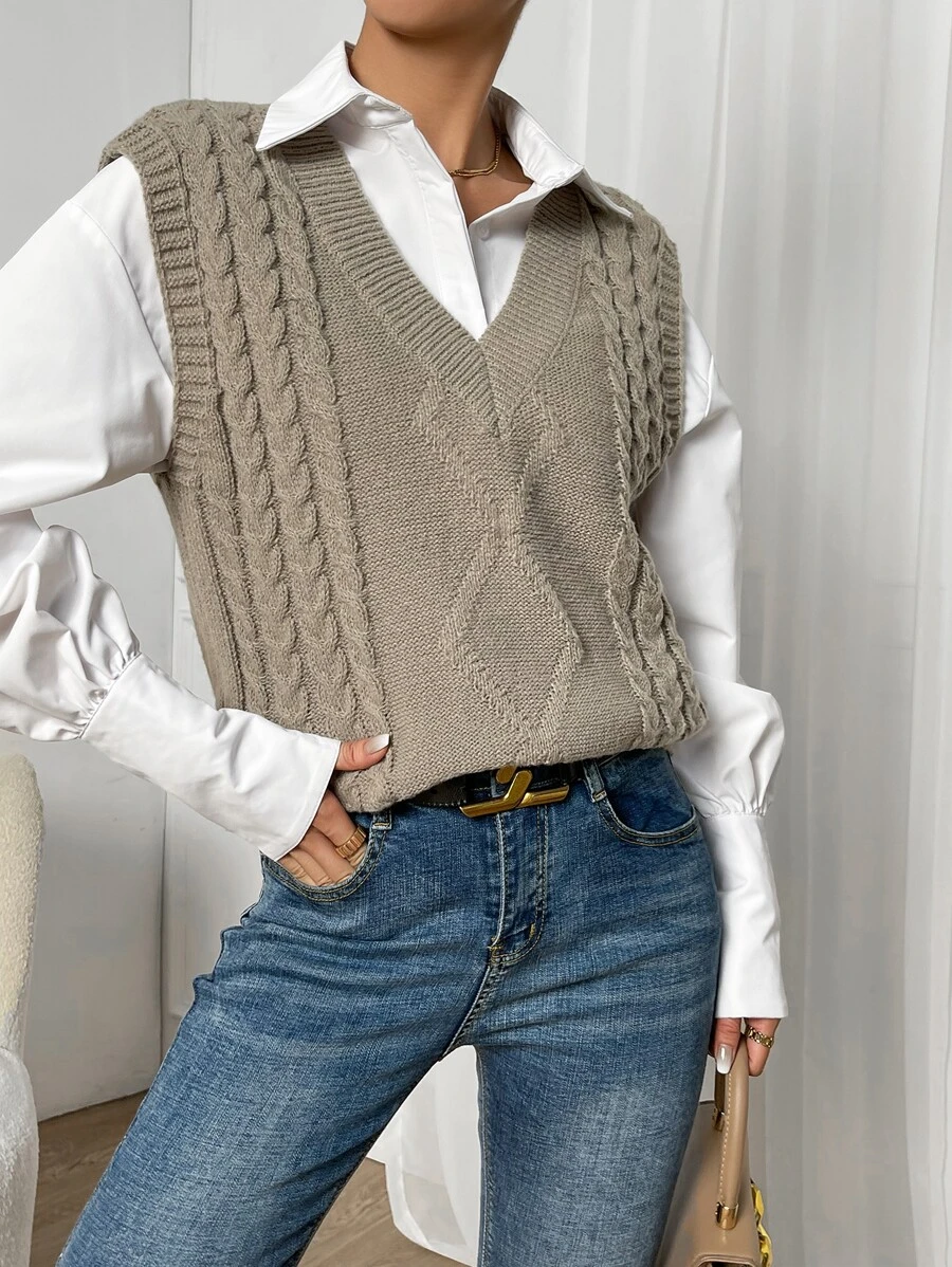 Chaleco de punto tejido de cable sin camisa - Marrón Mocha - Ver 1