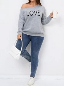 SHEIN Clasi Plus Letter Graphic Asymmetrical Neck Drop Shoulder Sweatshirt - Light Grey - View 5