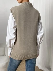 Chaleco de punto tejido de cable sin camisa - Marrón Mocha - Ver 2