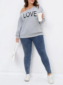 SHEIN Clasi Plus Letter Graphic Asymmetrical Neck Drop Shoulder Sweatshirt - Light Grey - View 6