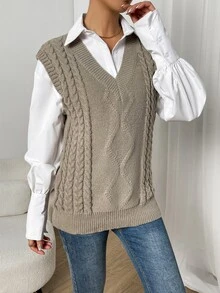 Chaleco de punto tejido de cable sin camisa - Marrón Mocha - Ver 5