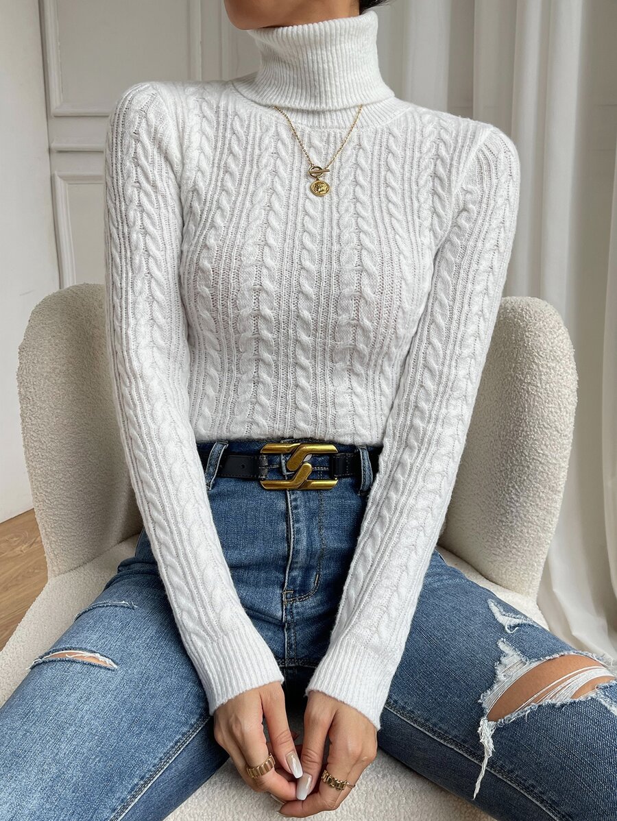 Chiquease Cable Knit Turtleneck Jumper - White - View 1