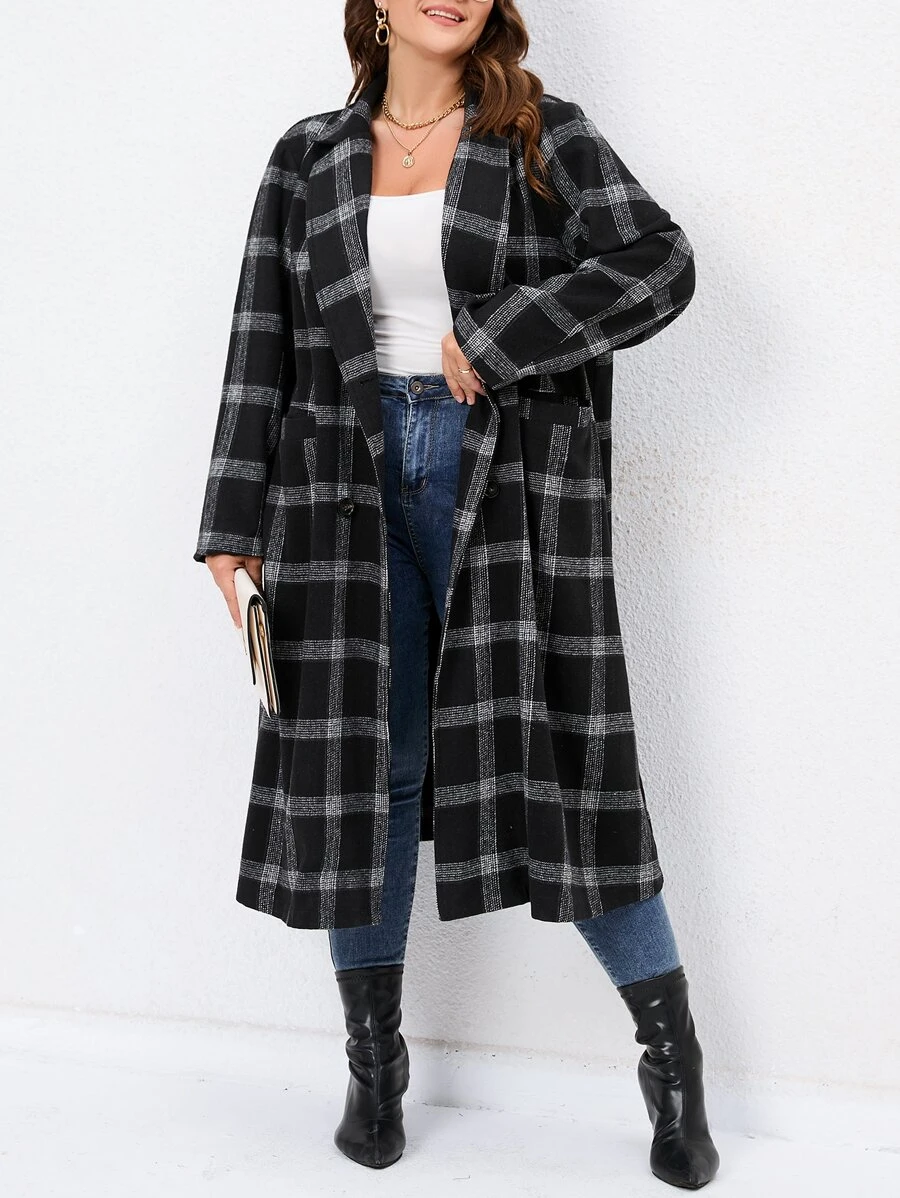 SHEIN LUNE Plus Plaid Lapel Neck Double Breasted Coat - Black - View 1