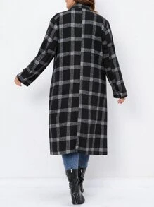 SHEIN LUNE Plus Plaid Lapel Neck Double Breasted Coat - Black - View 2