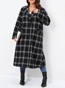 SHEIN LUNE Plus Plaid Lapel Neck Double Breasted Coat - Black - View 3