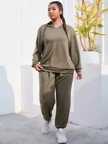 Plus Drop Shoulder Sports Hoodie & Joggers - Mocha Brown - View 1