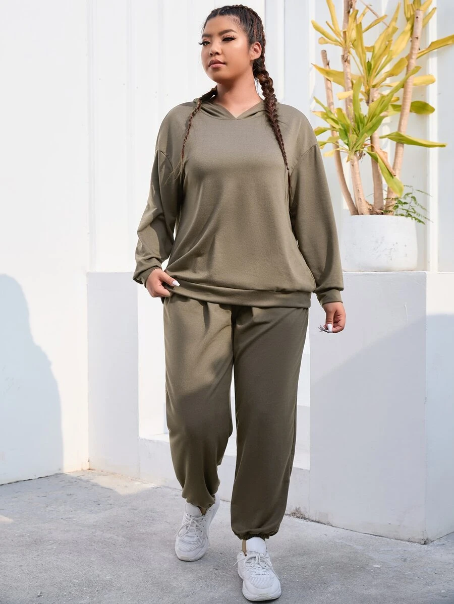 Plus Drop Shoulder Sports Hoodie & Joggers - Mocha Brown - View 1